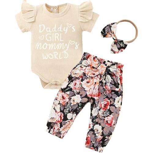 3 PCS Summer Outfits Baby Girls Clothes Beige Round Collar Short Sleeve Knitted Romper + Flower Print Pants + Headband