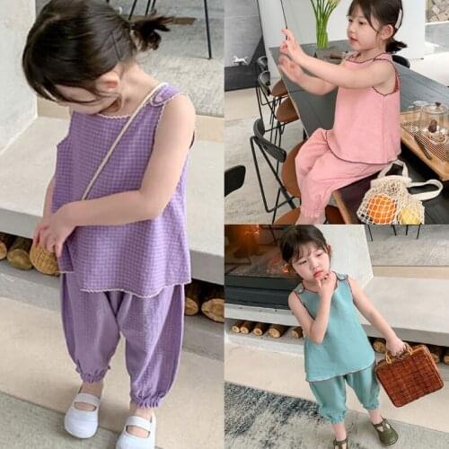 Girls' Suit 2021 Summer New Solid Color Vest Top Cute Lantern Casual Childrens Loose Korean Suit Two Piece Set