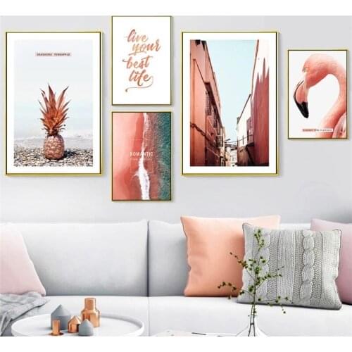 Red Series Nordic Landscape Canvas Painting Home Decor Wall Art Pink Flamingo Pineapple Print Poster Living Room Modular Picture