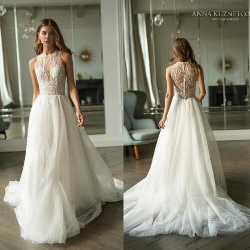 2021 Lace Wedding Dresses Jewel Sleeveless Appliques Beads Bridal Gowns Custom Made Button Back Sweep Train A Line Wedding Dress