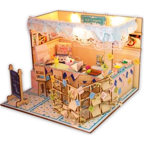 Doll house Furniture Wooden Miniature DIY Kit with Dust Cover Assemble Crafts Toy Best Birthday Gift For Children Girl