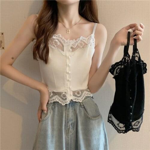 Summer Lace Patchwork Short Camisole Knit Bottoming Sleeveless Small Vest Women Daily Outerwear Sexy Chic Fashion Cropped Tops