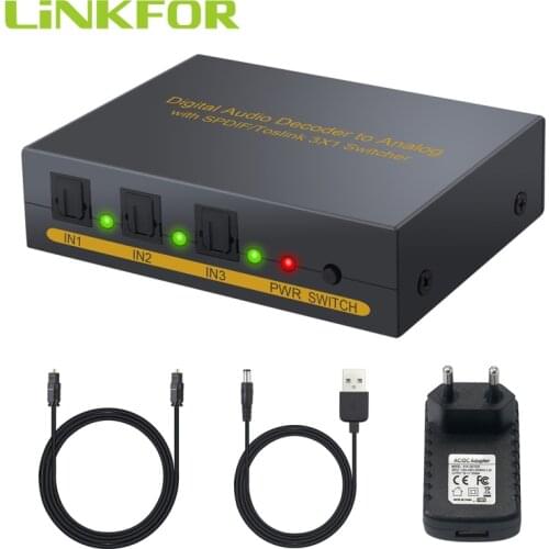 LiNKFOR Digital to Analog Audio Decoder 3 Port Optical SPDIF Toslink to L/R RCA 3.5mm Stereo Audio with Optical Switcher Decoder