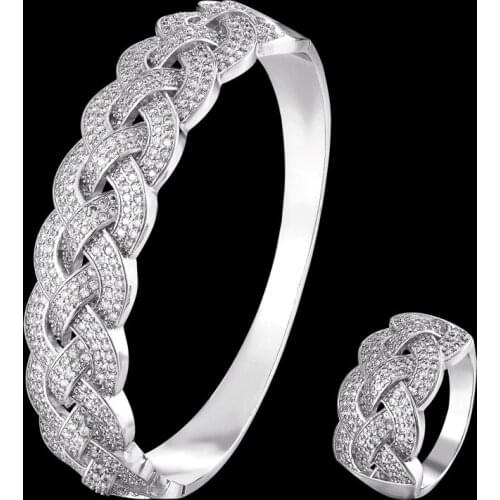 Funmode Hip Hop Gold Color Full Cuff Bangle Ring Jewelry Sets For Wedding White Princess Cut Wedding Jewelry Accessories FS246