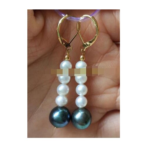 Wholesale price ^^^New AAA 9-10 mm South Sea black white round Pearl Earrings 925 r