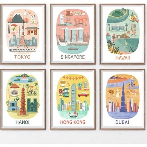 Asian World Travel Poster, Tokyo Hong kong Hanoi Singapore Dubai Hawaii City Art Map Art, Travel Gallery Wall Souvenir Poster