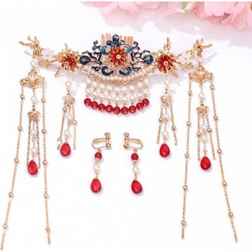 Luxury Ancient Chinese Style Bridal Wedding Jewelry Sets Long Tassel Pearls Flower Hair Combs Earrings Costume Accessories