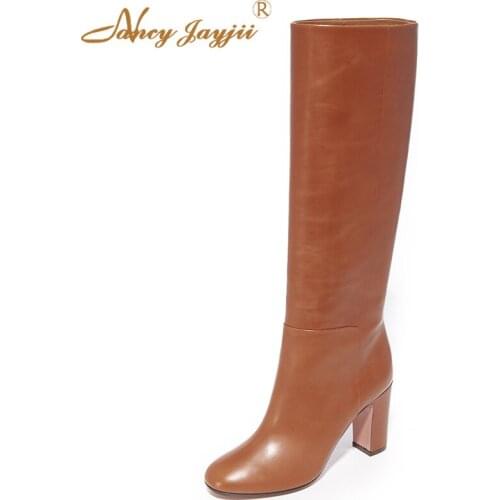 Brown Knee High Boots Female Ladies Winter Booties Round Toe Block Heel Warm Slip On Shoes Woman Classic Office NANCYJAYJII 16