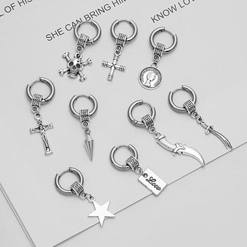 1PC Popular HipHop Bangtan Boys Stud Earrings Fashion Goth Coin Cross Blade Stainless Steel Dangel Earring for Women Men Jewelry