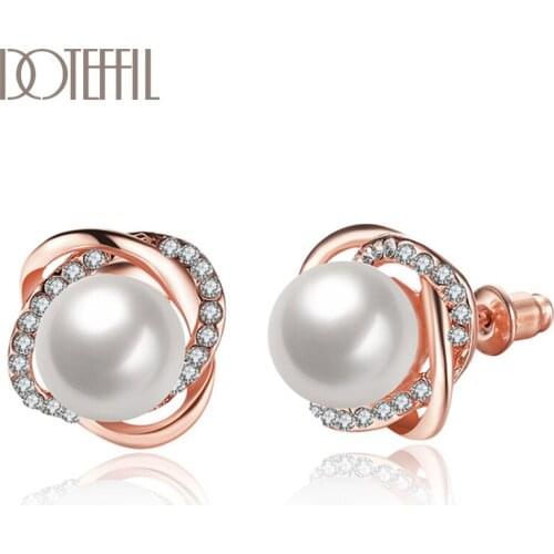 DOTEFFIL 925 Sterling Silver/18K Gold/Rose Gold AAA Zircon Pearl Flowers Charm Earrings Women Fashion Jewelry Wedding Party Gift