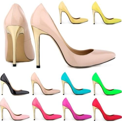 Fashion women Pumps thin high heels sexy party wedding shoes Pointed Toe Patent Leather 11CM Slip On 2020 size 35-42 black pink