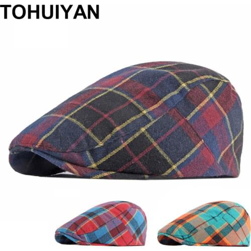 TOHUIYAN Unisex Plaid Berets Hats Hip Hop Cotton Flat Cap Women Boinas Casquette Newsboy Hat Adjustable Cabbie Caps for Men