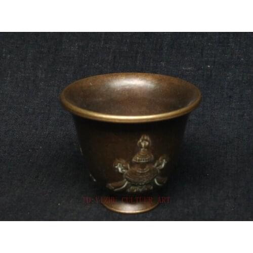 YIZHU CULTUER ART Unique Collected Old China Bronze Carving Tibetan Auspicious Symbol Drinking Cup Decoration Gift