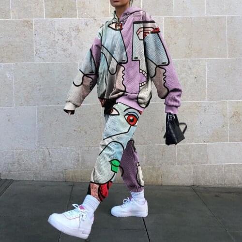 Fun Face Graffiti Hip Hop Sweatshirt Pant Thin Suit Women Two Piece Set Casual Street Tracksuit Fashion Girls Loose Plus Size