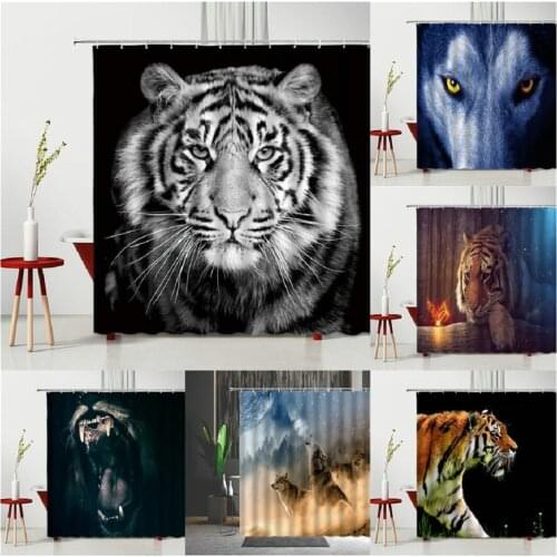 Wild Animals Shower Curtain Animal Ferocious Wolf Tiger Night Asian Tigers Pattern Curtain Bathroom Set With Hooks