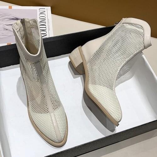 2021 Summer Mesh Women Boots Breathable Ladies Mesh High Heels Sex Shoes Woman Footwear Zipper Black Ankle Botas