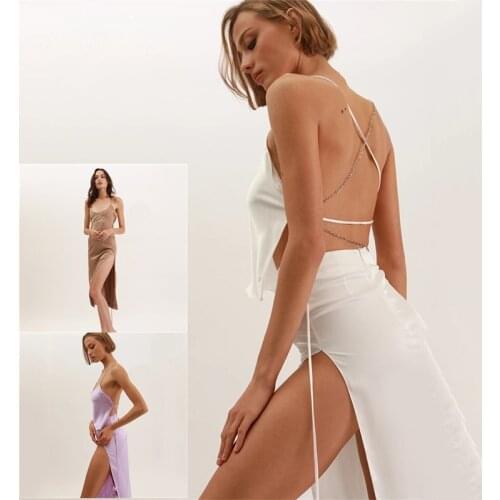 SKMY Sexy Spaghetti Strips Satin Women club party 2 Piece Set Belly Band Top High Slit Midi Skirt Suit Streetwear Summer Outfit