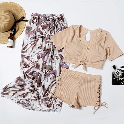 2021 New Women Bandage Bikini Set Padded Bathing Suit Swimwear Summer Sexy Short Sleeve Swimsuit Biquinis Ladies Swim Beach Wear