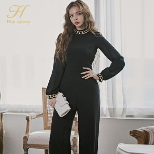 H Han Queen 2020 Autumn Korean Simple Occupation OL High Waist Jumpsuits Women Wide Legs Long Romper Formal Work Wear Playsuits