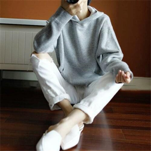 Pure cashmere thick knit women fashion pocket hooded loose pullover sweater solid color S-L