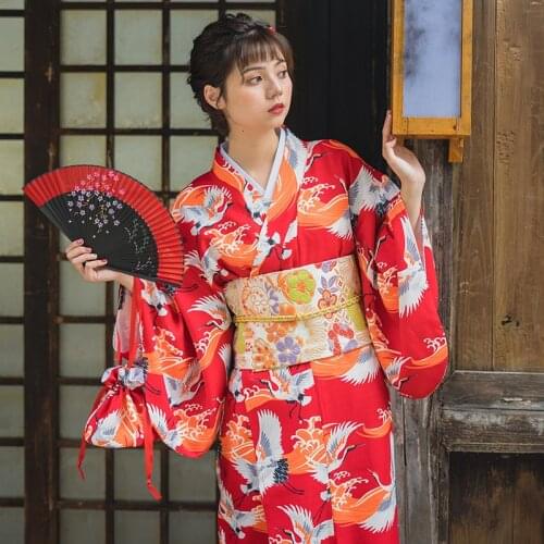 Womens Japan Kimono Red Color Crane Prints Yuaka Robe Cosplay Clothing Stage Performing/Photo Shooting Wear