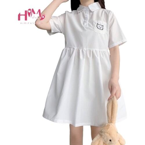 White Cute Casual Dress Girls 2021 Summer Kawaii Clothes Women Vintage Cat Embroidery Bandage Fashion Short Sleeve Shirt Dresses