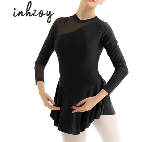 Womens Figure Ice Skating Dress Long Sleeve Splice Cutout Back Roller Skating Ballet Dance Dress Tutu Skirted