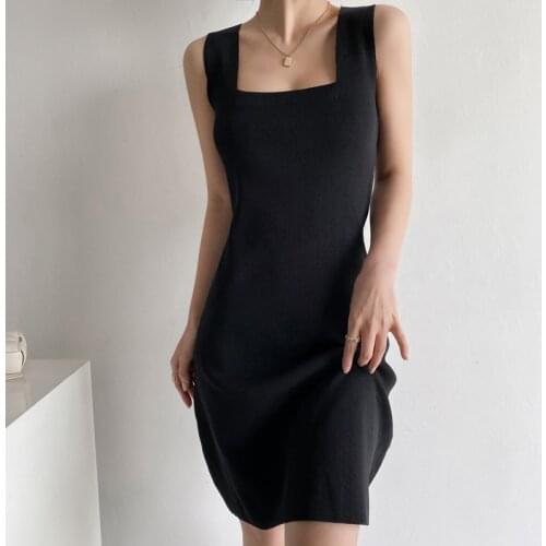 Dabourfeel Europe America Sheath Square Collar Black Dress Sleeveless Suspender Basic Mini Dress 2021 Fashion Summer Fashion