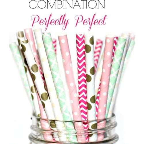 100pcs Mixed Colors PERFECTLY PERFECT PARTY Paper Straws,Mint Damask,Gold Polka Dot,Deep Pink Chevron,Baby Pink Swiss Dot,Retro