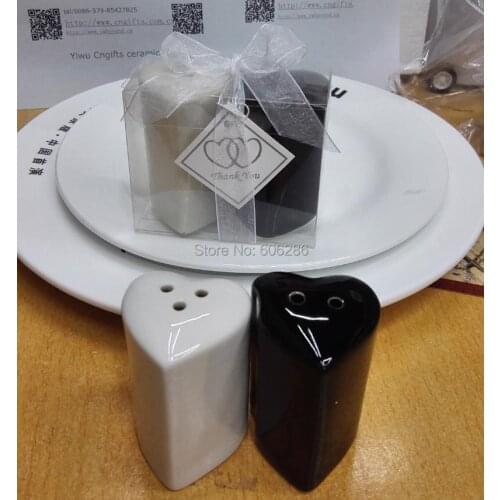 200pcs=100sets/lot valentines day gifts heart black white ceramic salt and pepper shaker wedding souvenirs