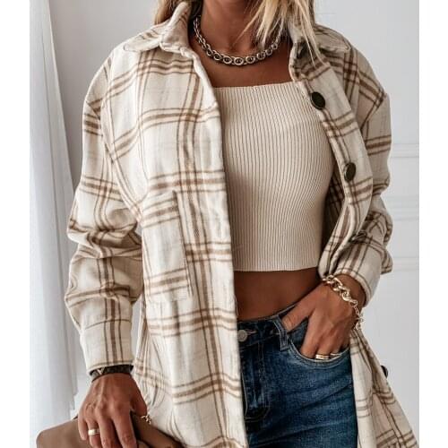 2021 Autumn Winter Women Coats Casual Loose Vingage Long Sleeve Shirts Turn-down Collar Single Breasted Outerwear Plaid Jackets