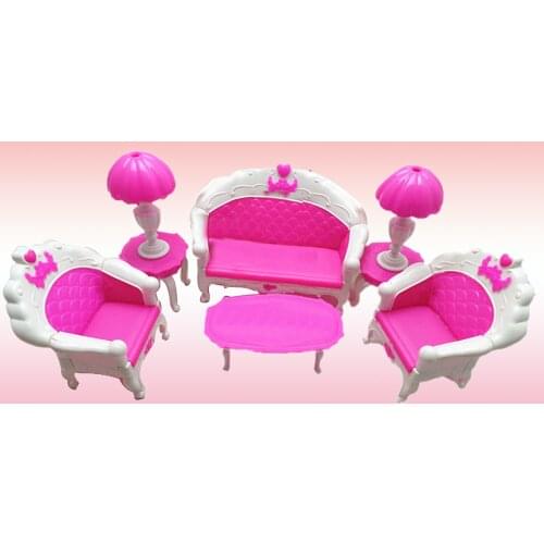 6PCS Mini Dollhouse Plastic Sofa Chair Couch Desk Lamp Miniature Living Room Furniture Accessories for Barbies Doll Toys
