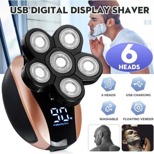 Becornce Rechargeable 6 Heads Floating Veneer Bald Head Shaver Hair Trimmer Clipper LED Digital Display Facial Cleaning Brush