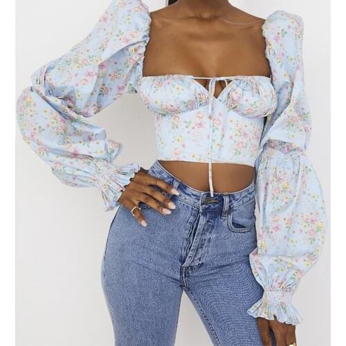 Spring Summer Fashion Elegant French Romantic Floral Long Puff Sleeve Square Collar Women Blouses Crop Top New Chiffon Shirt