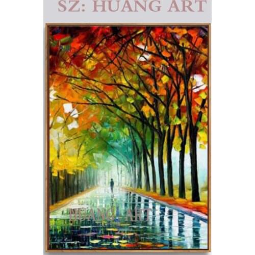 Large Handpainted Lover Rain Street Tree Lamp Landscape Oil Painting On Canvas Wall Art Wall Pictures For Living Room Home Decor