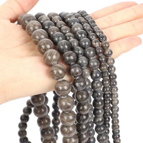 15"Strand Natural Stone Beads Smooth Black Wood Grain Stone Beads Round Loose Spacer Beads For Jewelry Making Bracelet 4-12mm