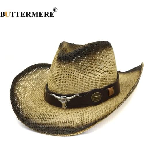 BUTTERMERE Men Sun Hat Cowboy Cow Decoration UV Protection Hats Belt Women Khaki Wide Brim Bow Vintage Summer Panama Straw Hats
