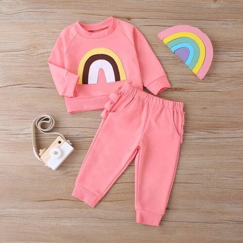 Kids Girls 2pcs Sport Clothing Sets Autumn Rainbow Printed T-Shirt Falbala Pants Toddler Girls Sets