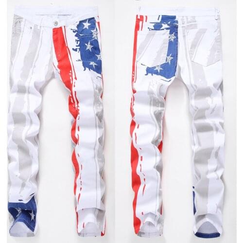 Men’s flag prints denim pants slimming elastic white jeans street fashion men jeans pants casual jeans