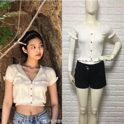 Kpop Korean Celebrity Same summer Fresh sweet Short tshirt women knitting tops girls korean sexy V-neck short-sleeved T shirt