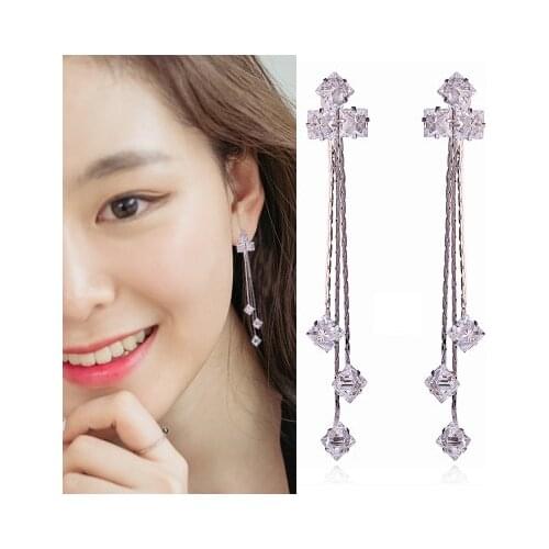 Classic Long Cubic Zirconia Tassel Clip on Earrings No Pierced Geometric Earrings for Women Crystal Luxury Wedding Earring