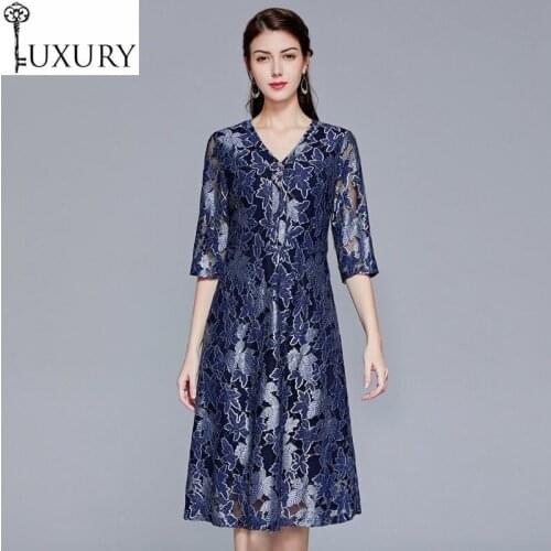 Lace 2020 Spring 4XL Summer Plus Size Clothing Women V-Neck Flower Patterns Half Sleeve Mid-Calf Length Blue Dress Female