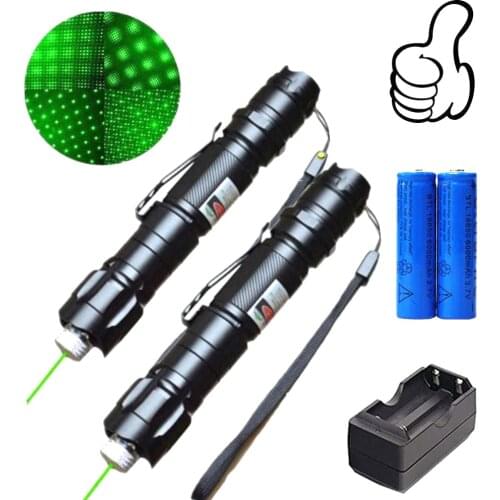 2pcs Green Red laser Laser Pen Pointer 5mw 532nm Cat Toy Military Powerful Laser Pen Adjust Focus+2x18650 Battery+ Charger
