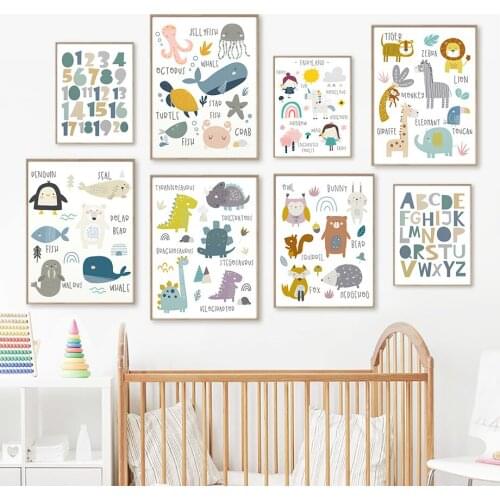 Number Girl Jungle Animals Sea Animal Dinosaurs Wall Art Canvas Painting Nordic Posters And Prints Wall Pictures Kids Room Decor