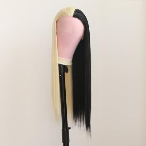 ZigZag Straight Half White Half Black Synthetic Lace Front Wig for Women Long Heat Resistant Fiber Hair Hand Tied Cosplay Wig