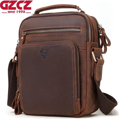 GZCZ Casual Crazy Horse Leather Male Shoulder Messenger Bag Genuine Cowhide Leather Crossbody Handbag High Capacity Tote Bags