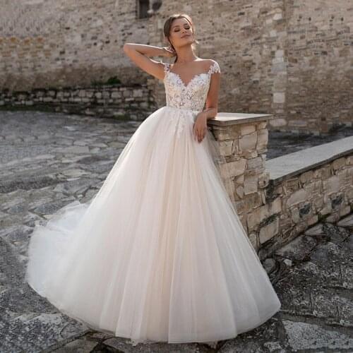 See Through Scoop neckline Lace Appliques Wedding Dresses A Line Cap Sleeves Simple Tulle Bridal Gown Cheap Vestido de Noiva