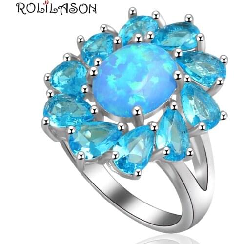 ROLILASON style Blue zircon Noble Blue fire Opal Fashion jewelry for women stamped Silver Crystal Rings USA size #6#7#8#9 OR669