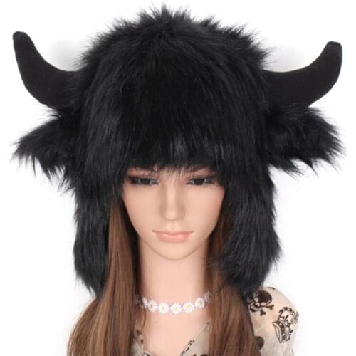 Women Men Winter Furry Plush Snow Trapper Hat Cute Ox Horns Deer Antlers Fluffy Animal Cap with Ear Flap Cosplay Earmuff