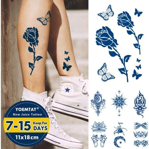 Juice Ink Lasting Waterproof Temporary Tattoo Stickers Rose Lotus Butterfly Mandala Flash Tattoos Woman Blue Body Art Fake Tatto